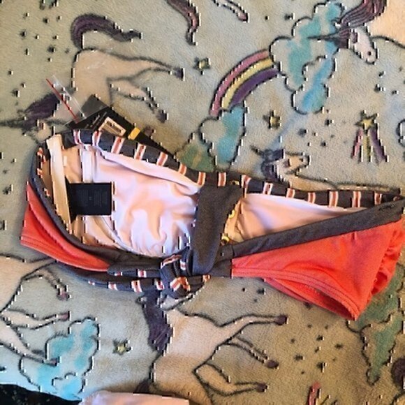 NEW NWT TOMMY HILFIGER Bandeau Bra Underwire Orange ? Navy Bikini Top Strapless - Picture 6 of 6